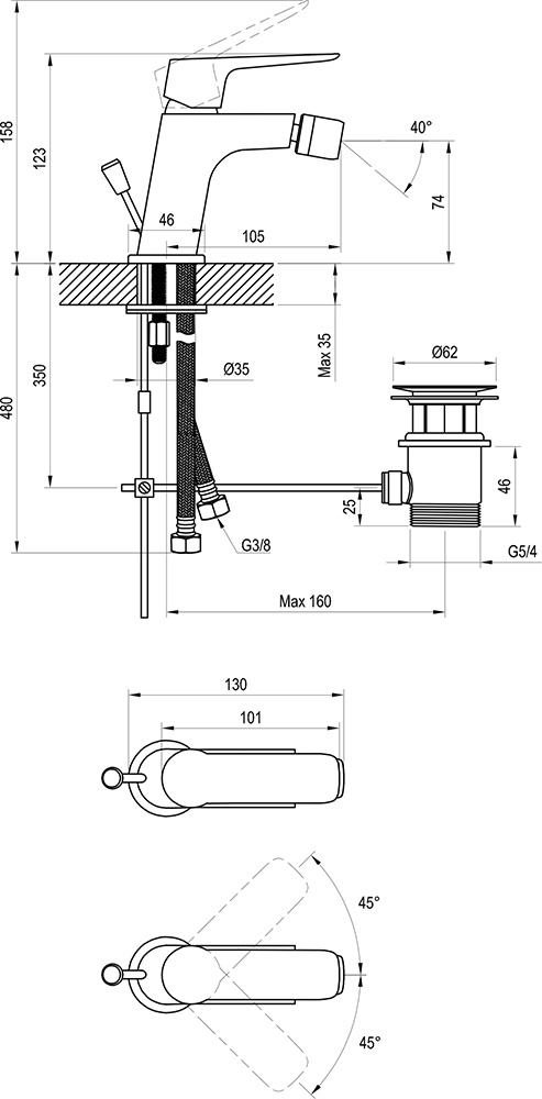 Mitigeur de bidet sur pied avec bonde