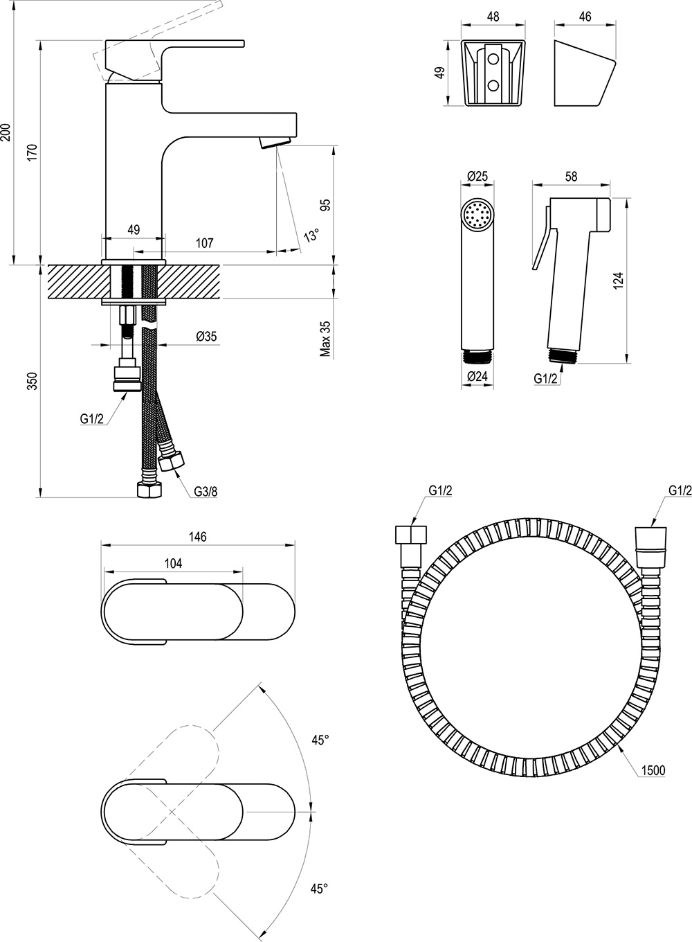 Mitigeur de lavabo sur pied avec bidet, sans bonde