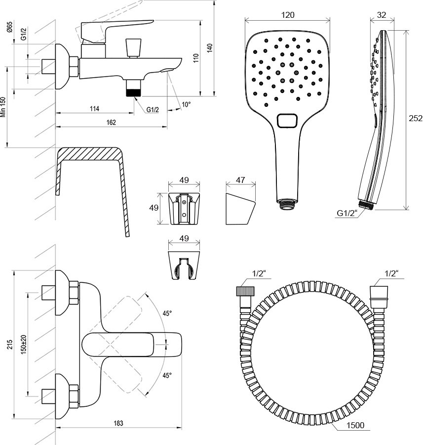 Mitigeur mural de baignoire Classic CL 022 avec set de douche
