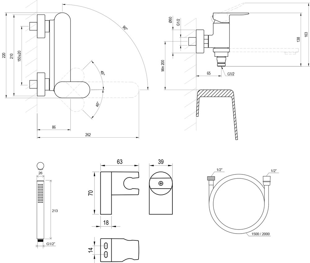Mitigeur mural de baignoire Chrome II CR 022 avec set de douche