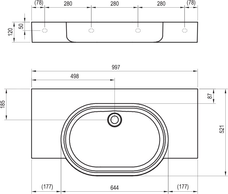 Lavabo ARC 100/65 S, sans trou pour la robinetterie