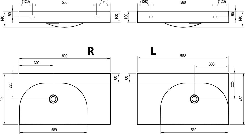 Lavabo Lite 80/60 G/D, sans trou